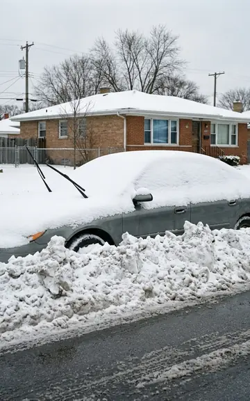 Old sedan buried under fresh snow at the curb