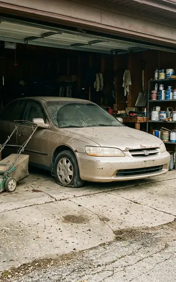 Dusty beige sedan with a flat tire parked in a cluttered garage