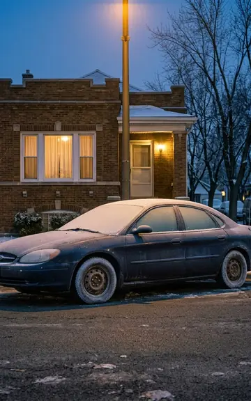 Frost-covered dark sedan parked in front of a brick bungalow at dusk