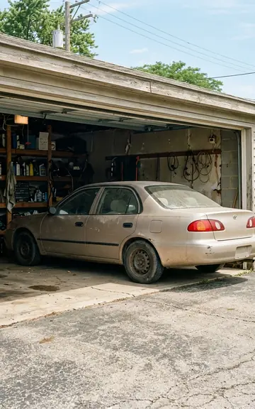Dusty gold sedan parked inside an open two-car garage