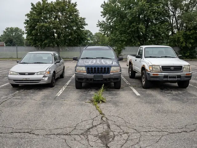 Three worn older vehicles, a sedan, an SUV and a pickup, parked side by side